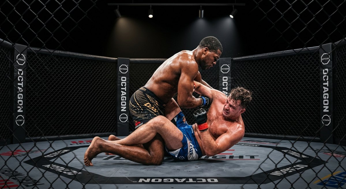 שני לוחמי MMA בכלוב: לוחם במכנסיים שחורים שולט מלמעלה על יריב במכנסיים כחולים